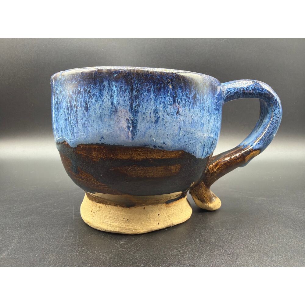 Signed Rebecca Studio Pottery Large Handmade Mug Blue Brown Artsy Coffee Cup